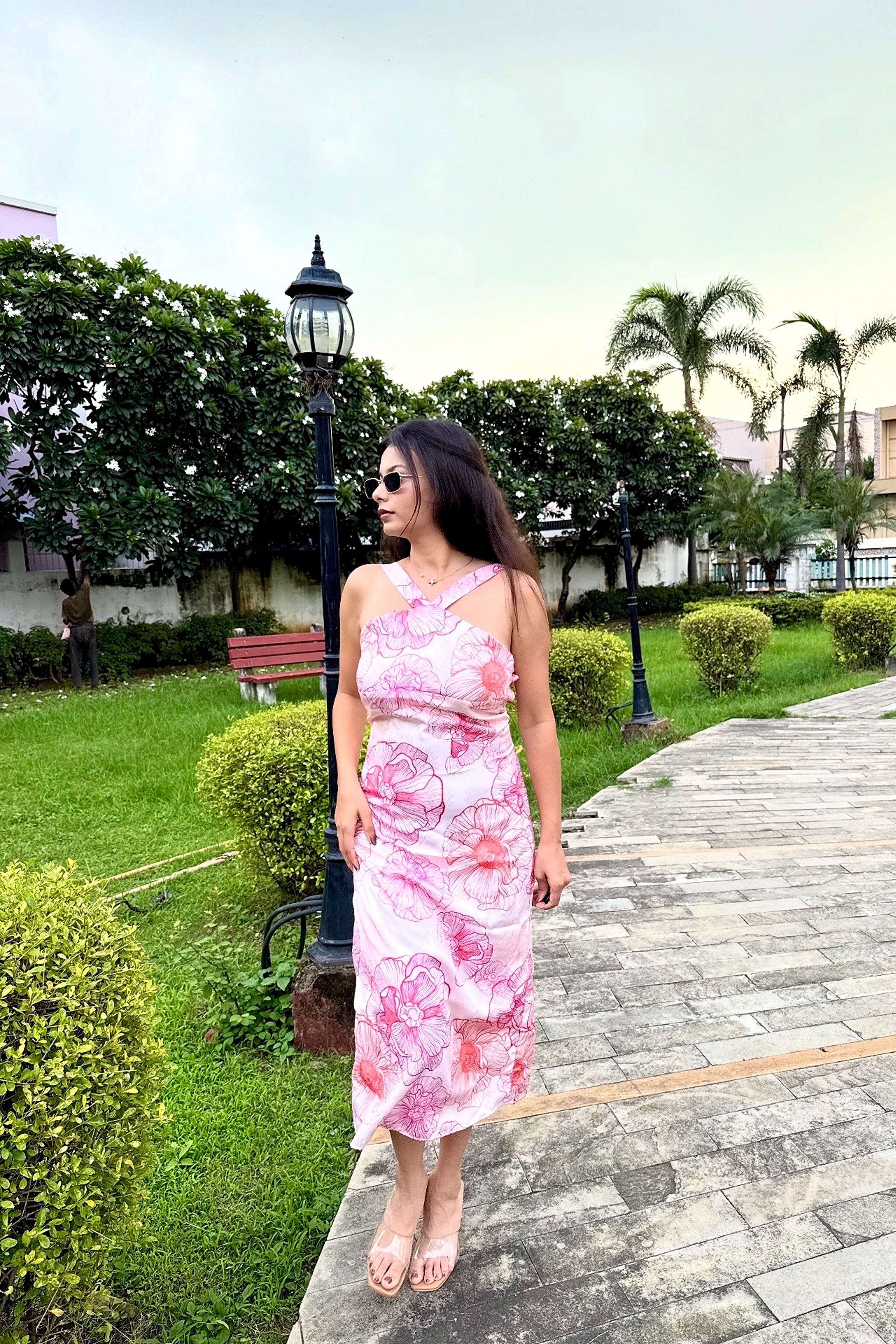 PETAL BLOOM BACKLESS MIDI DRESS