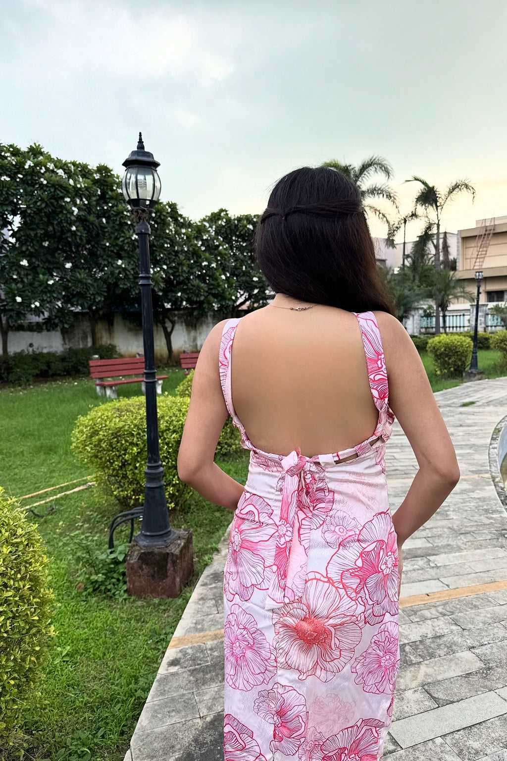 PETAL BLOOM BACKLESS MIDI DRESS